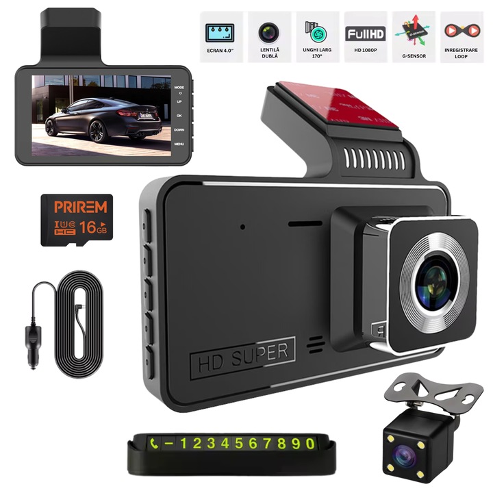 Camera Auto de Bord DVR PRIREM C4-PRO, Full HD 1080P, Unghi Ultra-Larg de 170°, Display 4", Camera Video Spate, Night Vision, Loop Recording, G-Sensor, Detectare Miscare, Card Memorie 16GB inclus, Suport numar telefon, Negru
