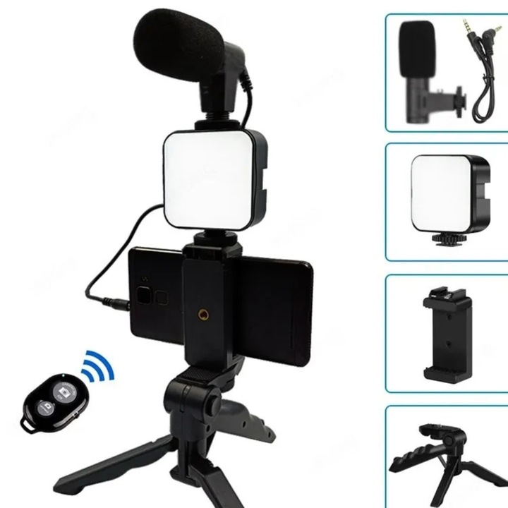 Kit Vlogging Profesional pentru filmari video Youtube, TikTok, Lampa LED, Microfon, Compatibil cu aparat foto/smartphone