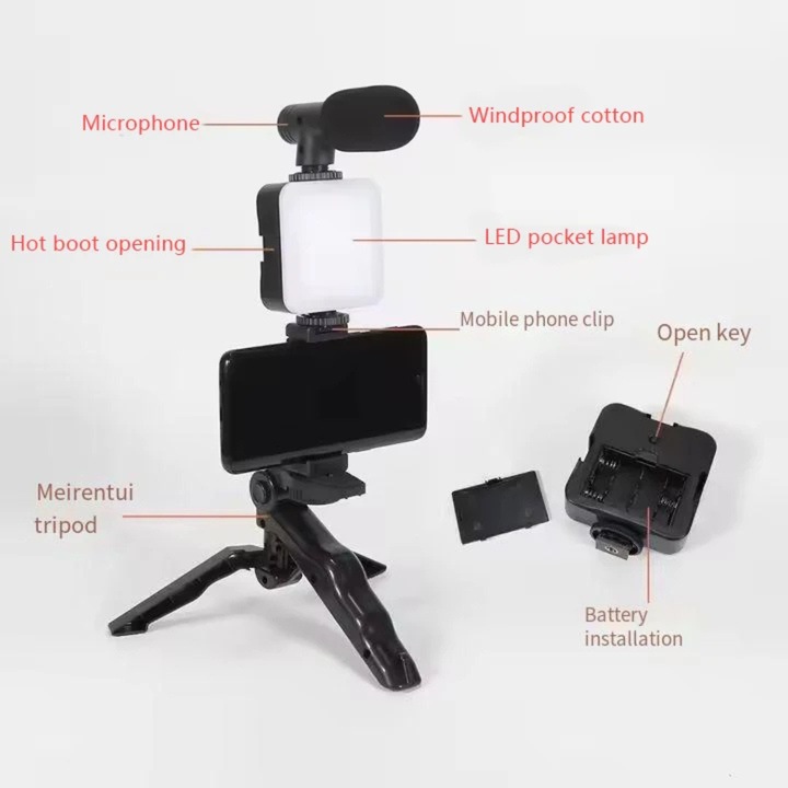 Kit Vlogging Profesional pentru filmari video Youtube, TikTok, Lampa LED, Microfon, Compatibil cu aparat foto/smartphone