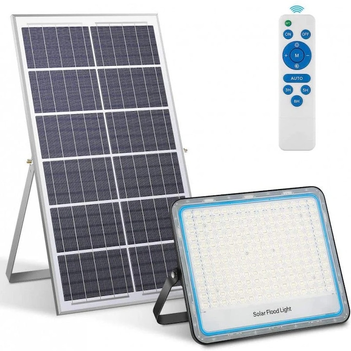 Външен соларен LED прожектор 50W, студено бяло 6500K, фотоволтаичен панел, дистанционно управление, IP66, 12H време на работа, монтаж на стена/стълб