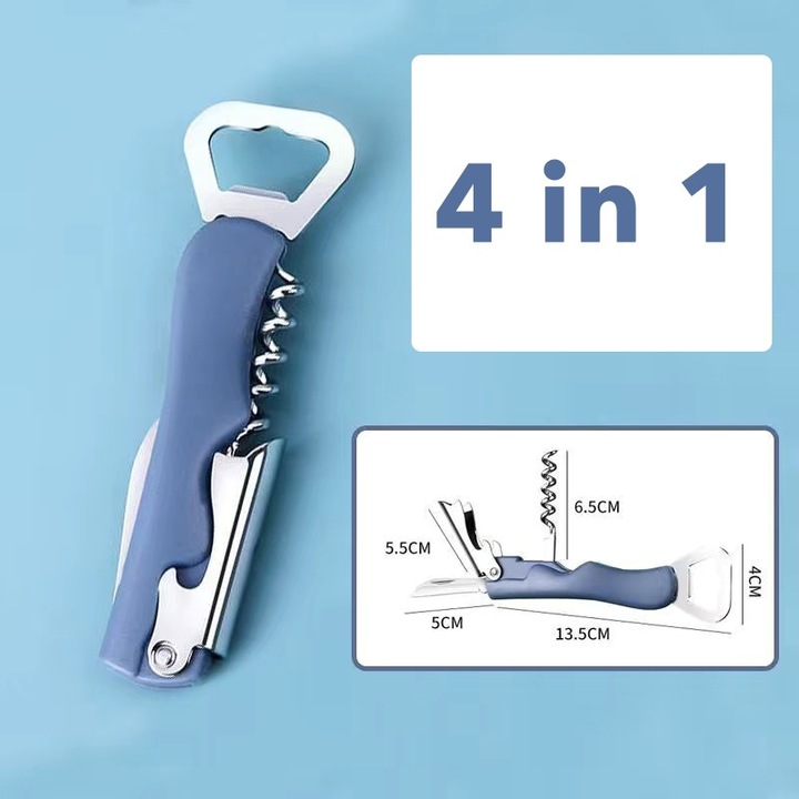 Tirbuson de Sticle 4 in 1, Flippy, Desfacator de Sticle Multifunctional, din Inox cu Maner Anti Alunecare, 13.5 x 4 cm Albastru