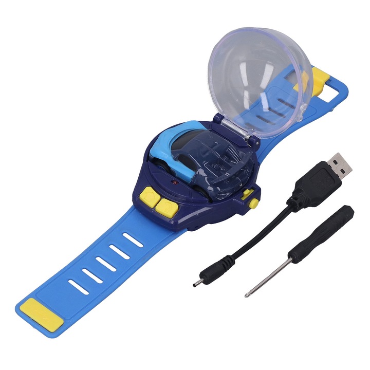 Masinuta RC Mini cu Ceas, 2.4GHz, USB Incarcare, Design Dragut, Albastra, Set complet