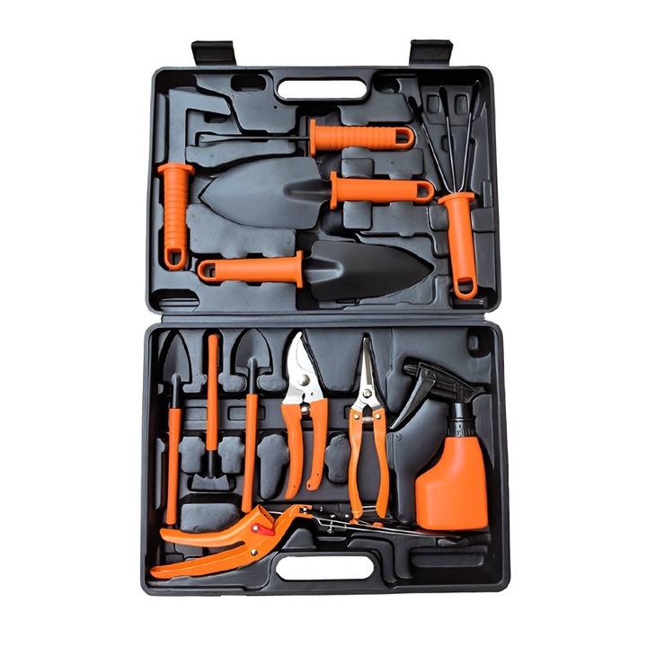 Комплект от 12 градински инструмента, OPTIM SOLUTION, за засаждане, обработка, копаене, грижа за растенията, разнообразие от градински аксесоари, оранжеви дръжки, материал PVC, картон, включена кутия, професионален, 37 x 28 см, XTO, оранжев