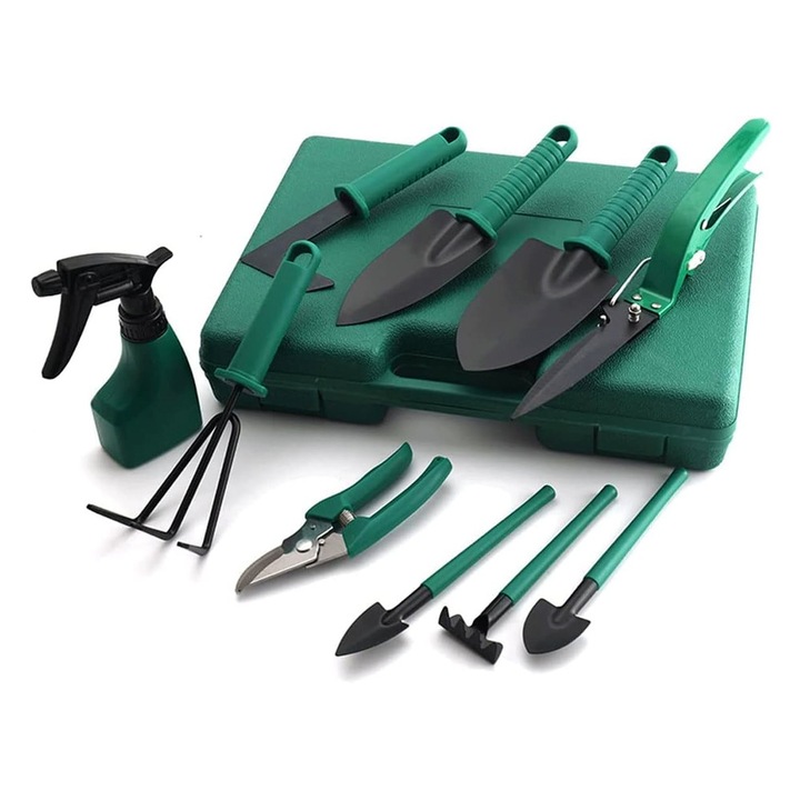 Комплект от 12 градински инструмента, OPTIM SOLUTION, за засаждане, обработка, копаене, грижа за растенията, разнообразие от градински аксесоари, зелени дръжки, материал PVC, неръждаема стомана, включена кутия, професионален, 38 x 29 см, XTO, зелен
