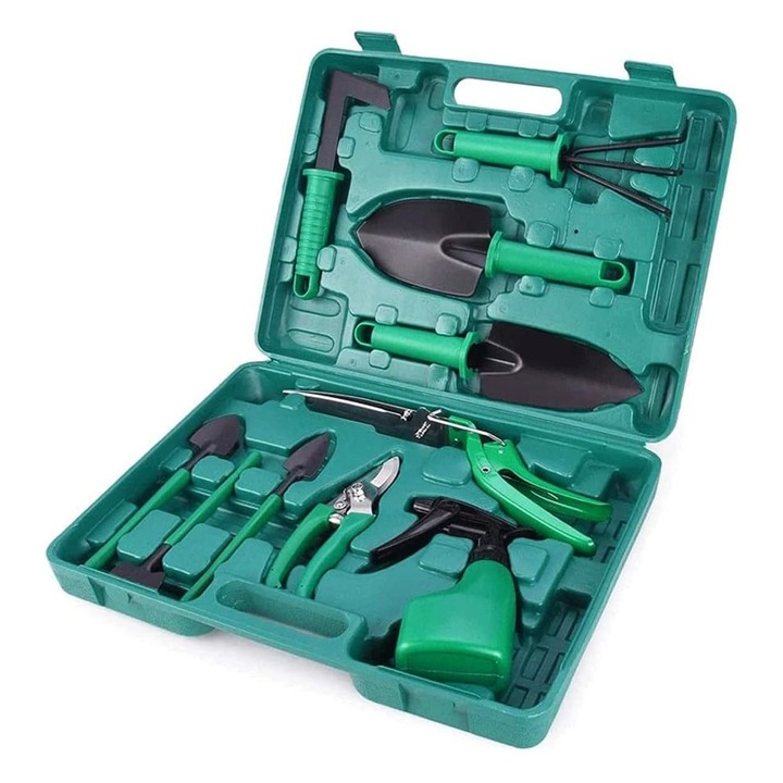 Комплект от 12 градински инструмента, OPTIM SOLUTION, за засаждане, обработка, копаене, грижа за растенията, разнообразие от градински аксесоари, зелени дръжки, материал PVC, картон, включена кутия, професионален, 37 x 28 см, XTO, оранжев