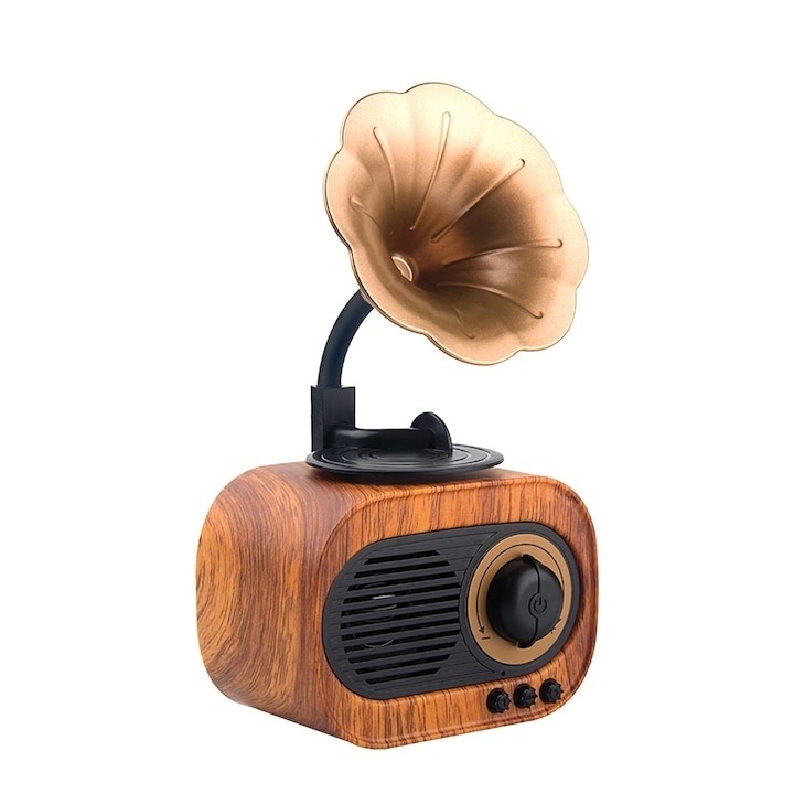 Boxa retro, conectare bluetooth, design vintage, USB/TF, portabila, dimensiuni 11x23 cm, maro/negru