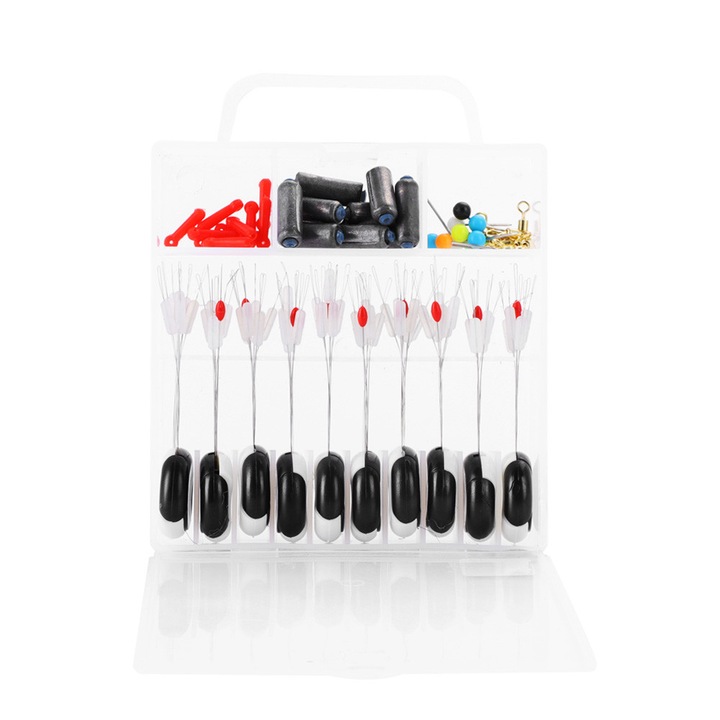 Enforose horgászkészlet, 10 gumi gyöngy, 10 ólom, 10 forgókapocs, 10 úszótartó, 10 tű, 10x8.5x2.3cm