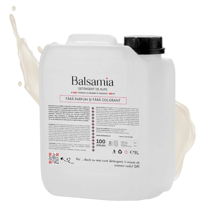 Detergent de rufe, Balsamia, fara parfum si fara colorant, 5L, 100 spalari