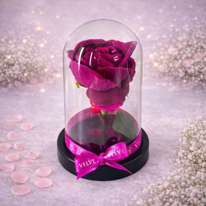 Trandafir artizanal in cupola de plastic, pe blat negru, Mov 12 x19 cm, Velve