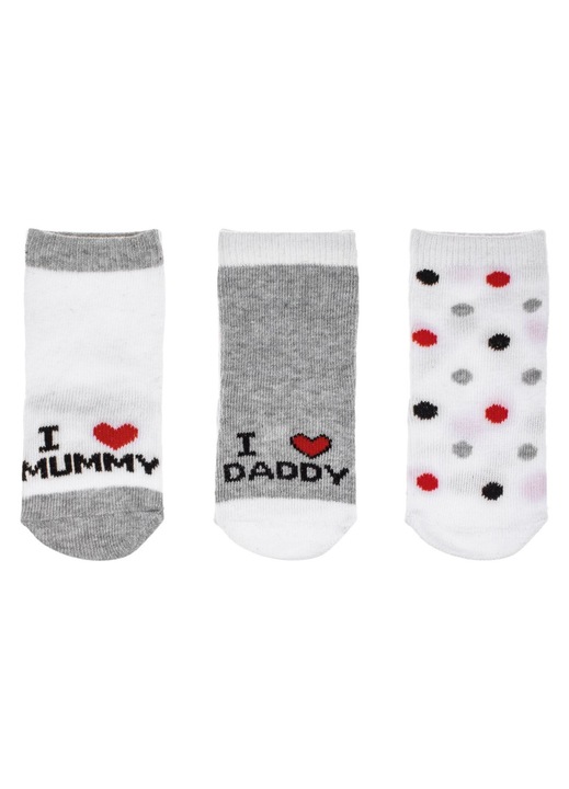 Сиво-бели чорапи на точки "I Love Mummy" & "I Love Daddy" за бебета - 3 чифта