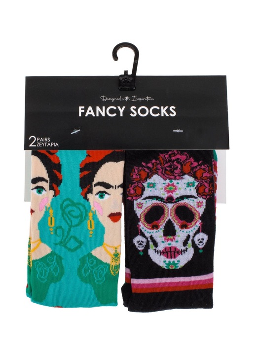 Черно-зелени модни чорапи с десен Frida Kahlo & Muertos за жени - 2 чифта