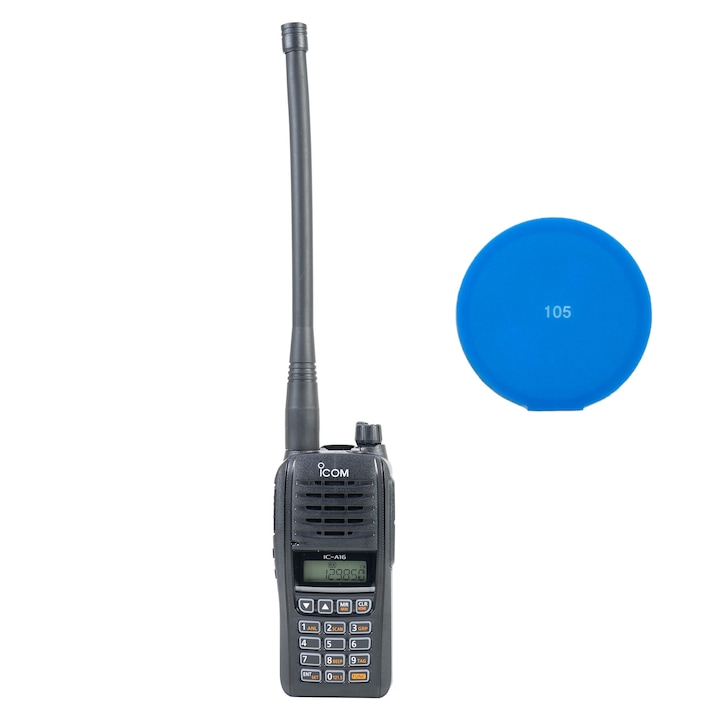 Statie radio portabila VHF ICom IC-A16EBT cu bluetooth, pentru aviatie 118.000-136.992 MHz, 2400 mAh, IP67 cu sticky Pad Blue inclus