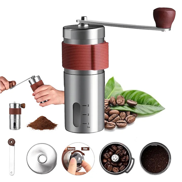 Ръчна кафемелачка, неръждаема стомана 304, разглобяем дизайн, преносима, ръчна, 1,9*5 инча, сребристо/кафяво