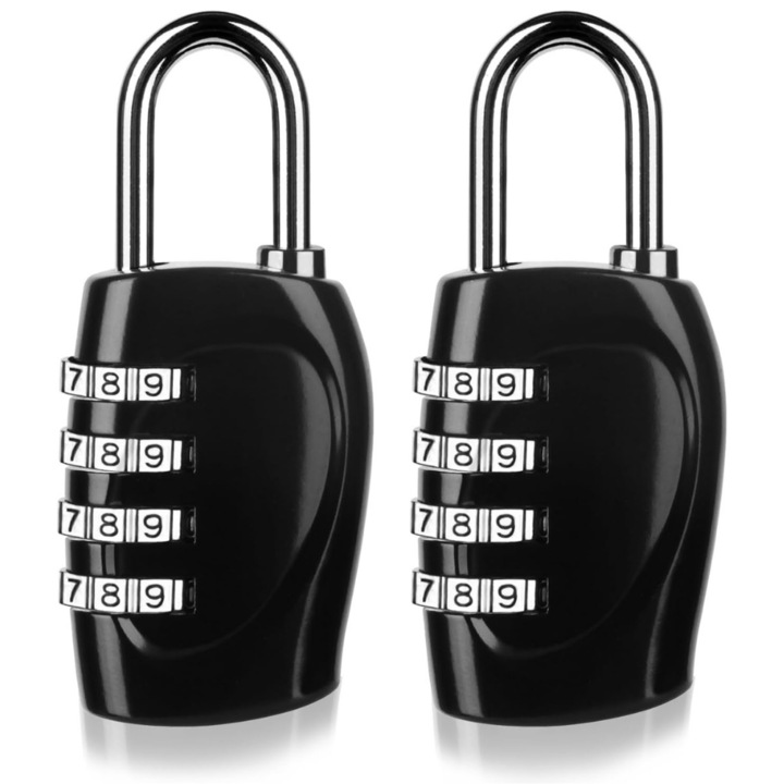 Lacat cu cifru, 4-digits, compact, usor de setat si utilizat, rezistent la apa, 7x3x1.3 cm, set 2 bucati, negru