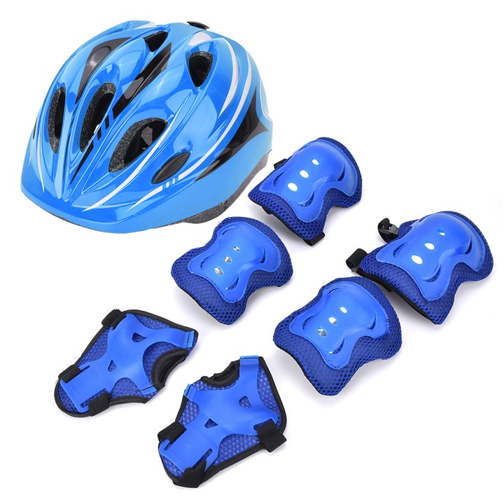 Set de protectie pentru copii Enforose, 7 piese, casti, genunchiere, elbow pads, culori multicolore, pentru varstnici de 3 ani si peste