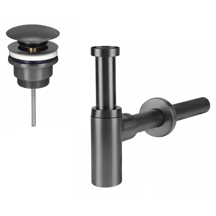 Комплект сифон и кран за мивка за баня, месинг, графит