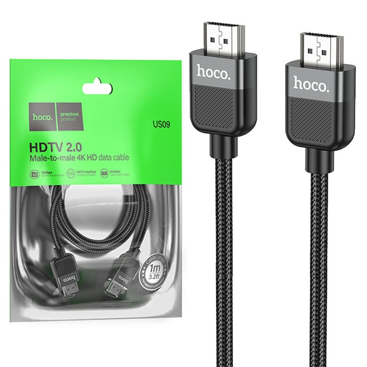 Hoco audio- és videokábel (US09), HDMI-HDMI, 4K HD, fonott, 1 m, fekete