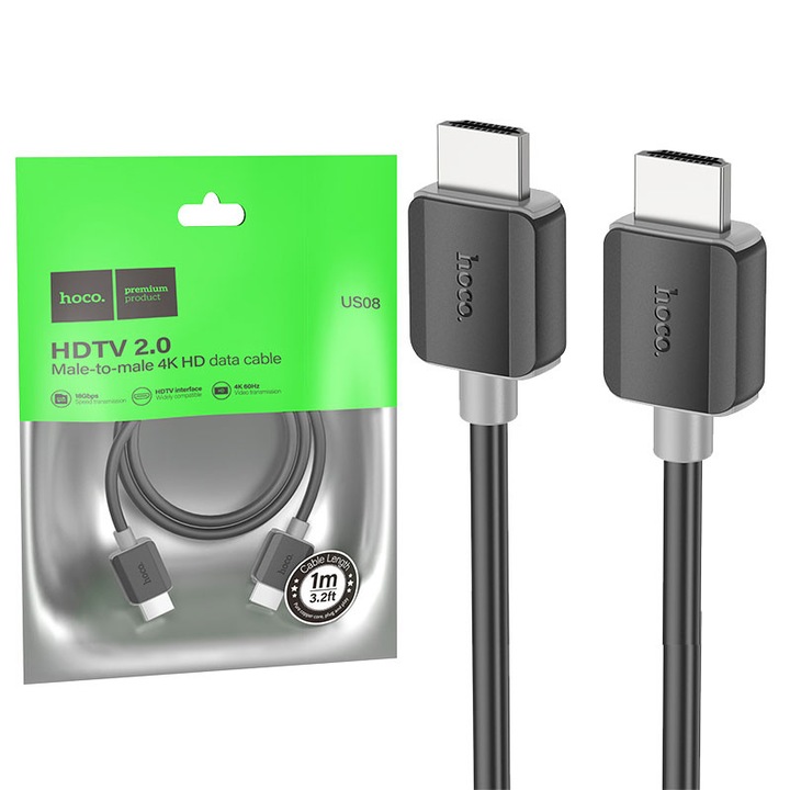 Hoco audio- és videokábel (US08), HDMI-HDMI, 4K HD, 3m, fekete