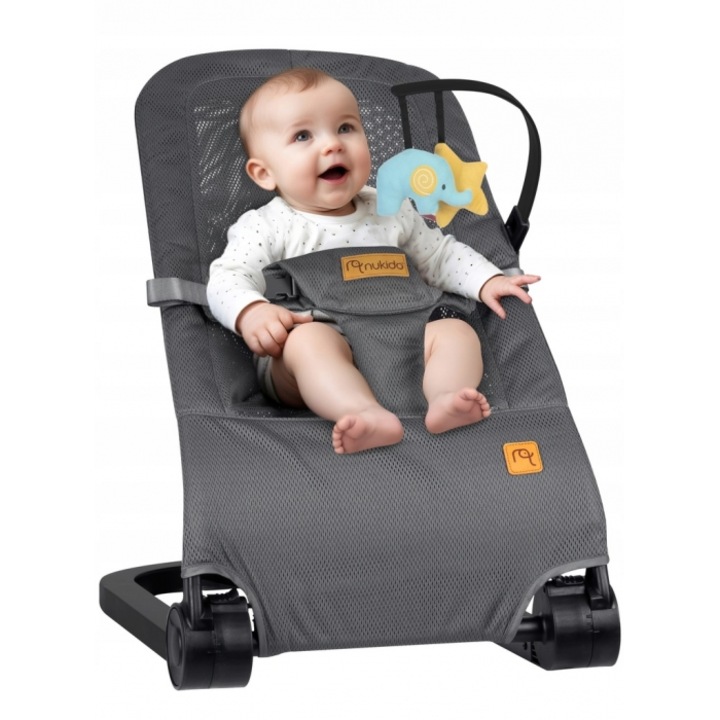 Balansoar 2in1 pentru bebelusi Nukido Baby Bouncer Gri deschis, de la nastere si pana la 9kg, pliabil, centura de siguranta, spatar reglabil, husa detasabila si jucarii