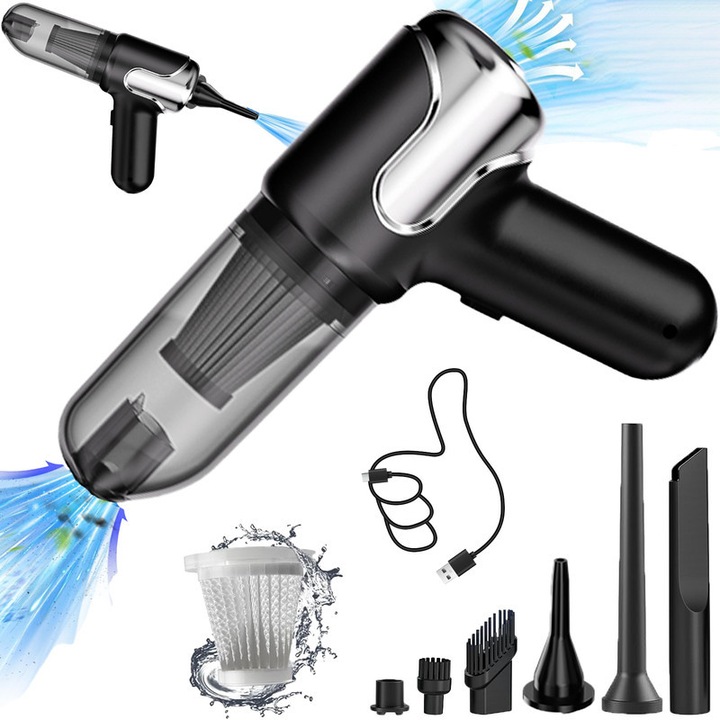 Aspirator auto 4 in 1 Portabil KUMAIGO,3 Viteze,25000PA, De Mana, Acumulator 5000 mAh, Incarcare USB Type-C, usor, negru