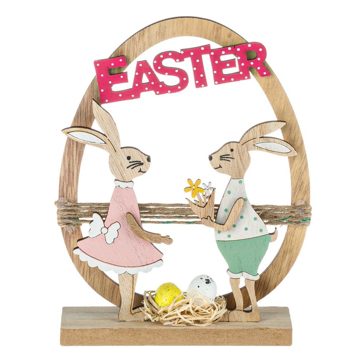 Decoratiune din Lemn de Paste Iepuri Ou "Easter" 13x4x16.5cm