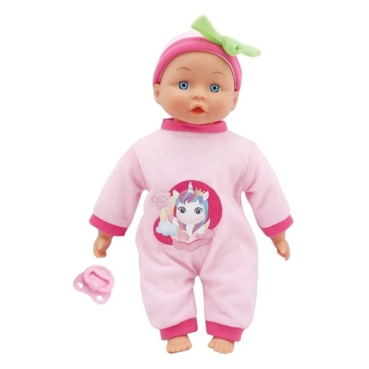 Papusa bebelus cu corp moale si cu suzeta, 24 de sunete, varsta 18+ luni, 19x9x33cm, roz-verde