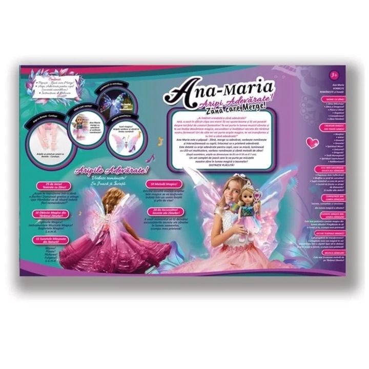 Ana Maria tündér baba szárnyakkal, hangokkal és LED lámpákkal, 3 év felett, 54x13x41cm, tarka