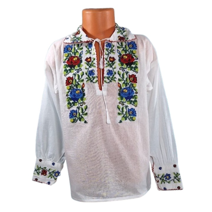 Ie nationala, din bumbac pentru baieti Alb cu broderie florala multicolora, 12 ani