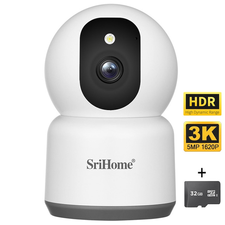 SriHome® SH038 PRO WIFI CCTV камера за видеонаблюдение, 5MP HDR, 4X увеличение, ротация, двулентов Wifi, цветно нощно виждане StarLight, двупосочна комуникация, сензор за движение, проследяване на обекти, бял