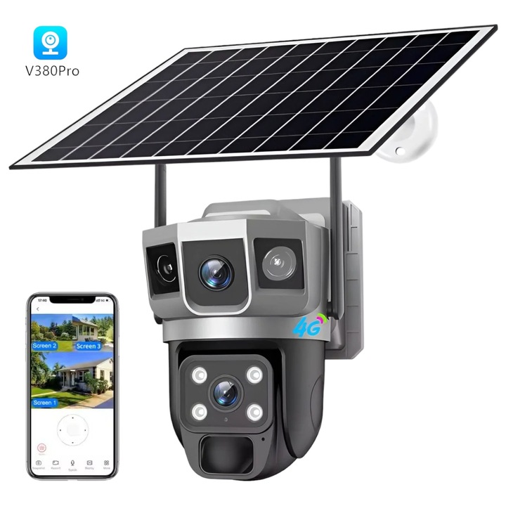 LONDEMM Videó megfigyelő kamera napelemmel és 4G SIM-kártyával, hármas nézet, 4 MP Full HD, napelem és akkumulátorok 12000 mah, 350°-os forgatás, mozgásriasztás, intelligens követés, kétirányú kommunikáció, éjszakai látás, PTZ, DVR, fekete