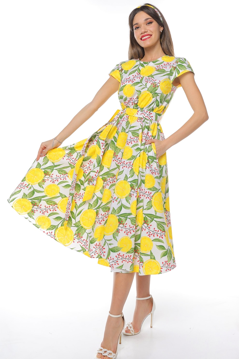 CAMISSI, Rochie midi cu croiala evazata si maneci scurte, Verde, Alb optic, L-XL