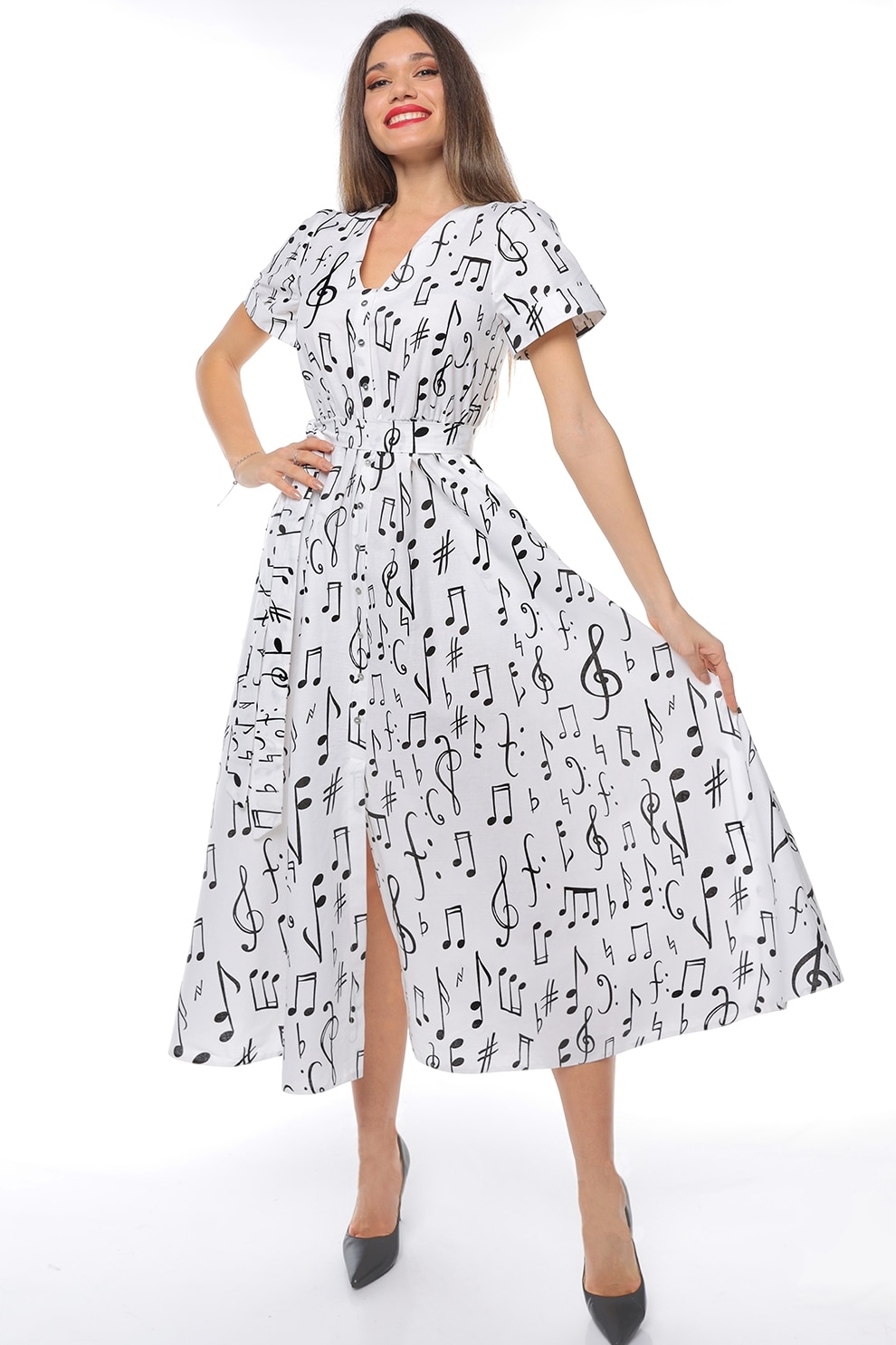 CAMISSI, Rochie-camasa cu cordon in talie, Alb, Negru, L-XL