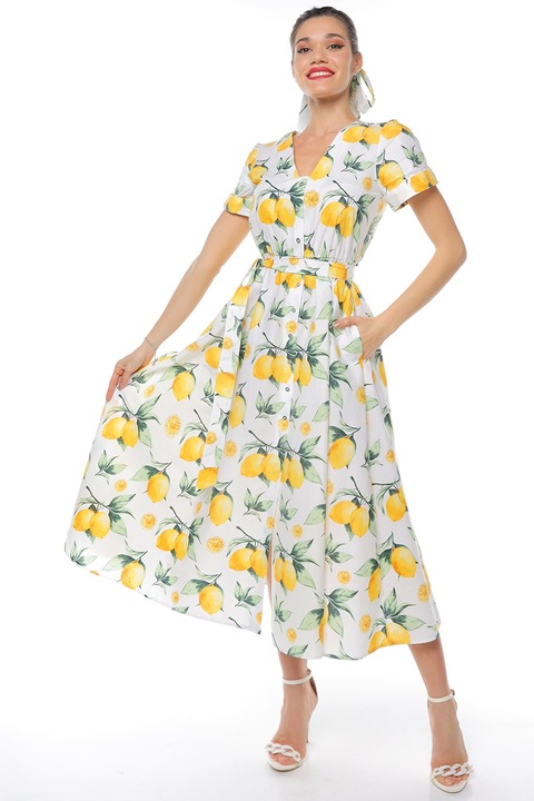 CAMISSI, Rochie-camasa cu cordon in talie, Alb/Galben