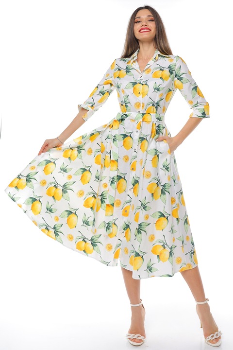 CAMISSI, Rochie-camasa evazata cu cordon in talie, Alb/Galben