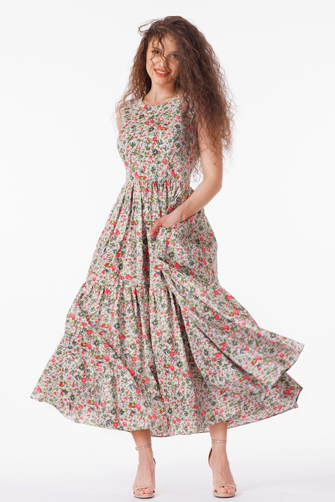 CAMISSI, Rochie evazata fara maneci cu buzunare laterale, Rosu/Verde