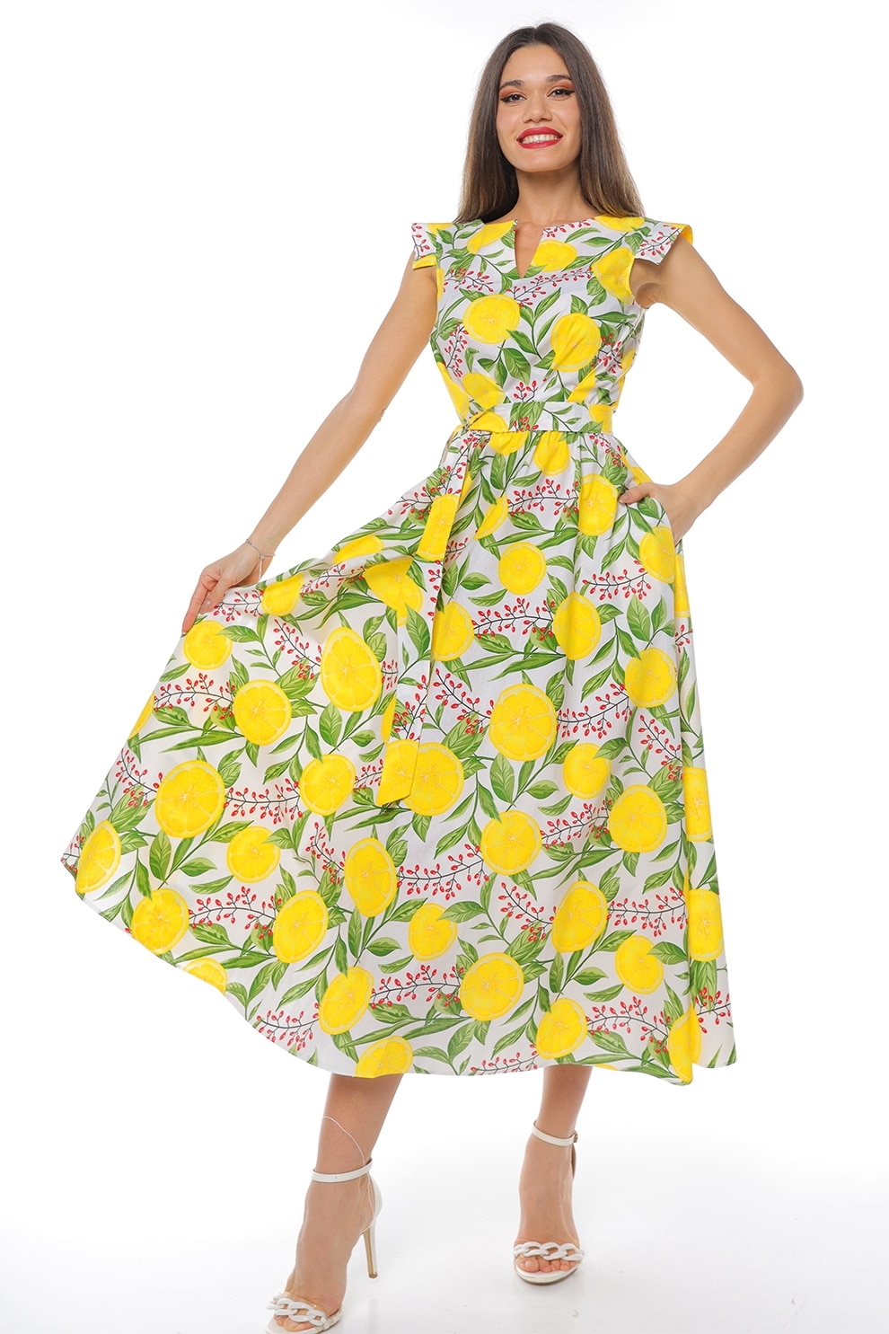 CAMISSI, Rochie midi din bumbac cu un cordon, Verde, Alb optic, L-XL