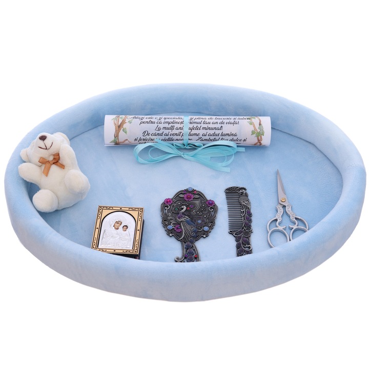 Tava mot baieti, aniversare 1 an, catifea bleu, 8 piese, 43x32 cm, Recostore®, REC5011/2