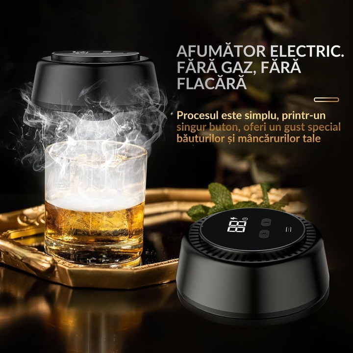 Set Electric PLEMORY® pentru Afumat Bauturi, Afumator Whisky/Cocktailuri Plus 6 Tipuri de Aschii de Lemn si Accesorii Intretinere, Smoker Fara Expunere la Flacara, Electronic, Siguranta in Momentul Utilizarii, Afumare Mancaruri, Reincarcabil, Tip-C, Negru
