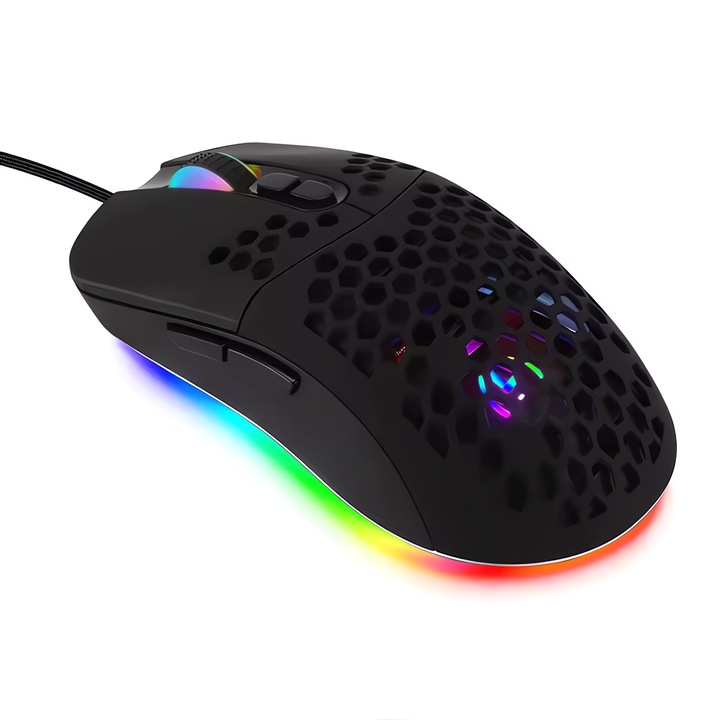 Мишка за игри и офис Bervolo Genesis X, RGB, 7 бутона, 7200 DPI, ултралека, тип C, съвместима с Windows/MacOS/Android, ергономична, черна