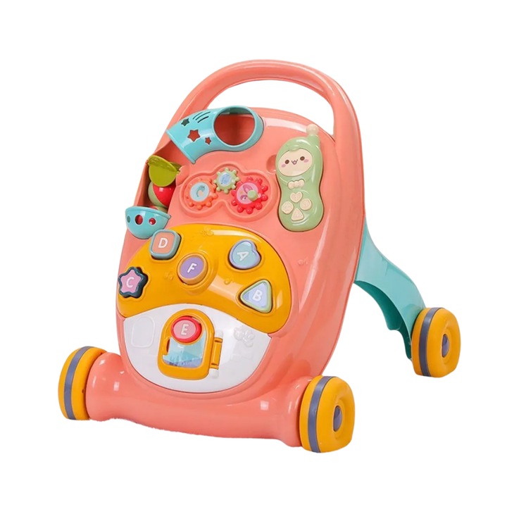 Antepremergator 2 in 1 pentru copii, cu multiple activitati interactive, sunete si lumini si panou interactiv detasabil, Roz