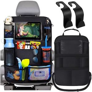 Organizator Scaun Auto idealSTORE pentru Masina, Material Poliester, Rezistent, Impermeabil, Include 10 buzunare, 2 Carlige, Buzunar Transparent pentru Tableta/Telefon, Perfect sortarea lucrurilor si Protejarea Spatarului