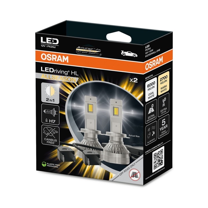 Bec LED Osram LEDriving HL ALLSEASON H7 6000K/2700K 45 W, 12 V, Cutie, 2buc, canbus
