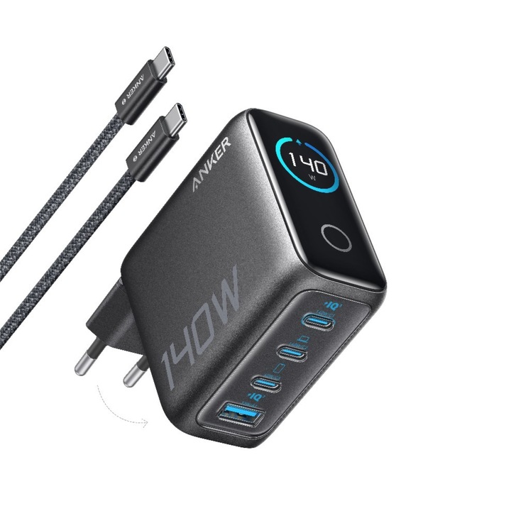 Anker 140W цифров дисплей Power Bank 3x USB-C 1x USB-A PD 3.1 USB-C кабел включен Черен
