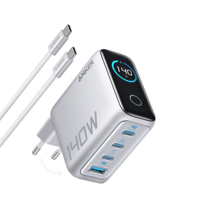 Мрежово зарядно устройство Anker Zolo 140W, цифров дисплей, 3x USB-C, 1x USB-A, PD 3.1, включен USB-C кабел, сребро