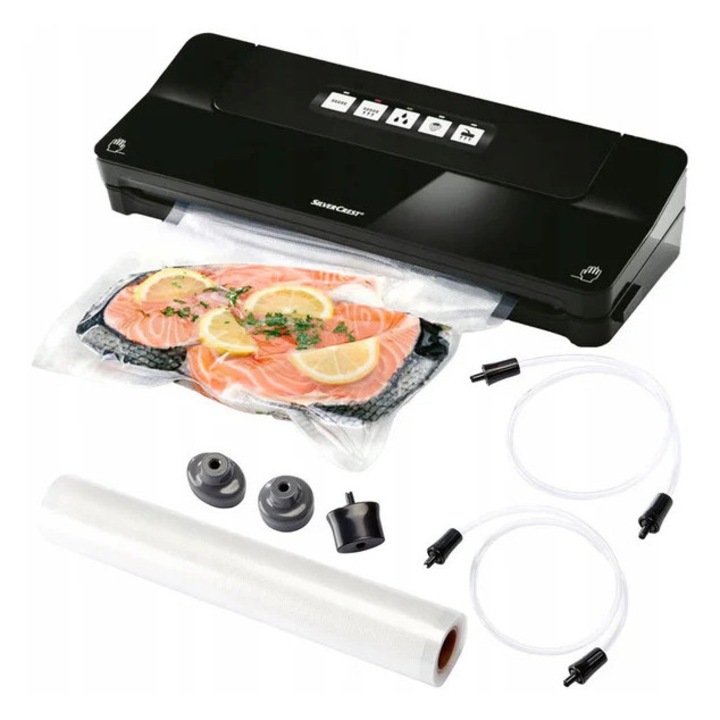 Aparat de Vidat si Sigilat -SilverCrest, Include 3 Adaptoare pentru Supape Vid, 1 Garnitura de Rezerva, Rola de Folie 3m Fara BPA, 5 Functii de Vidare, 125 W, Lumina de Semnalizare si Picioare Anti-Alunecare, Negru