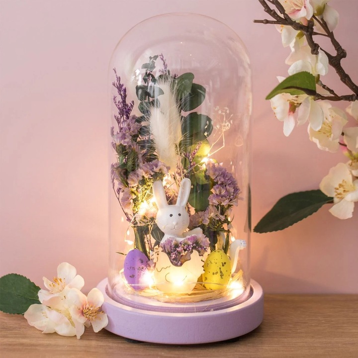 Cupola Decorativa de Paste din Sticla cu Flori Artificiale Iepuras & LED Ø11.5x21cm