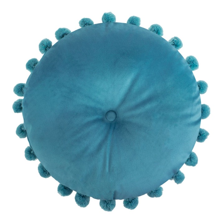 Perna Decorativa Rotunda Petrol Velvet cu Nasture & Pompon pentru Canapea Ø40cm