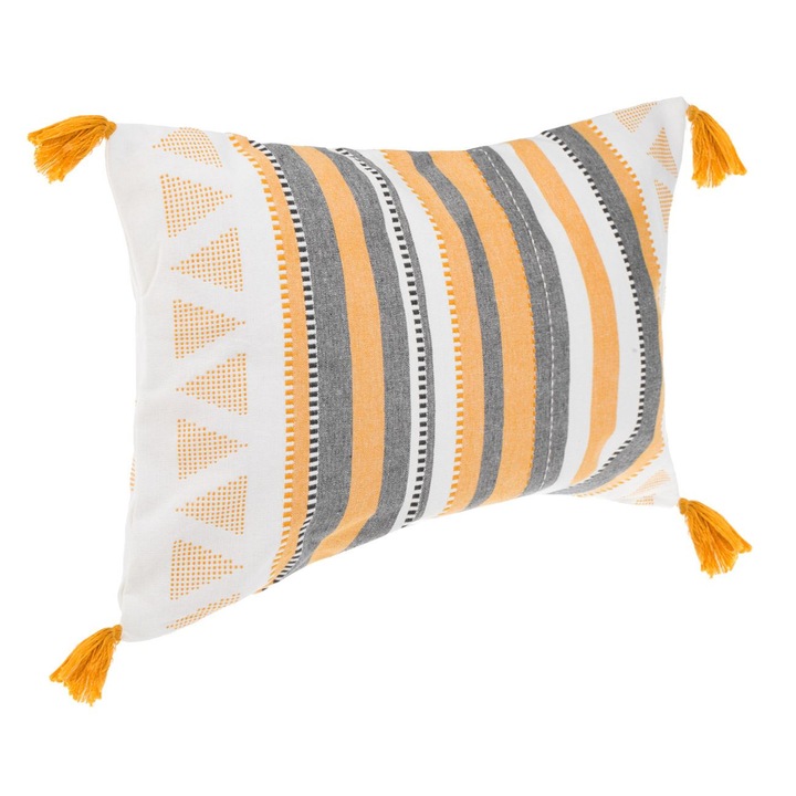 Perna Decorativa de Vara Ecru cu Dungi Galben Mustar Gri cu Franjuri 60x40cm