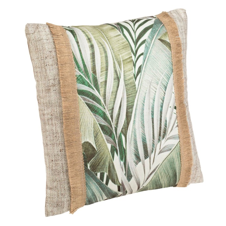 Perna Decorativa de Vara Verde Menta cu Frunze Tropicale & Margine din Iuta 37x37cm