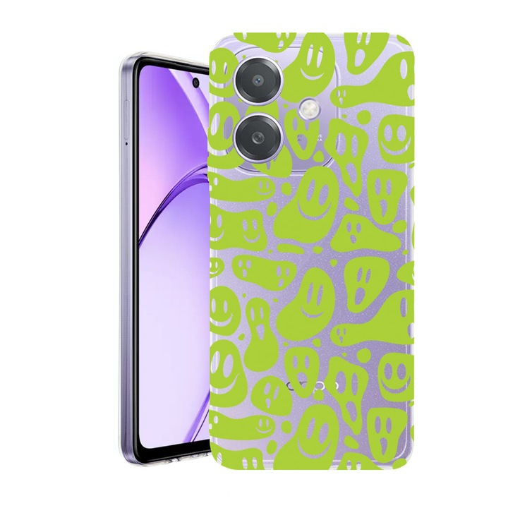 Husa pentru OPPO A40 / A40M, BestCase® Clear Silicon 2MM, Green Acid Smiley, Antisoc, Protectie camera si ecran, 1938403 T 1051
